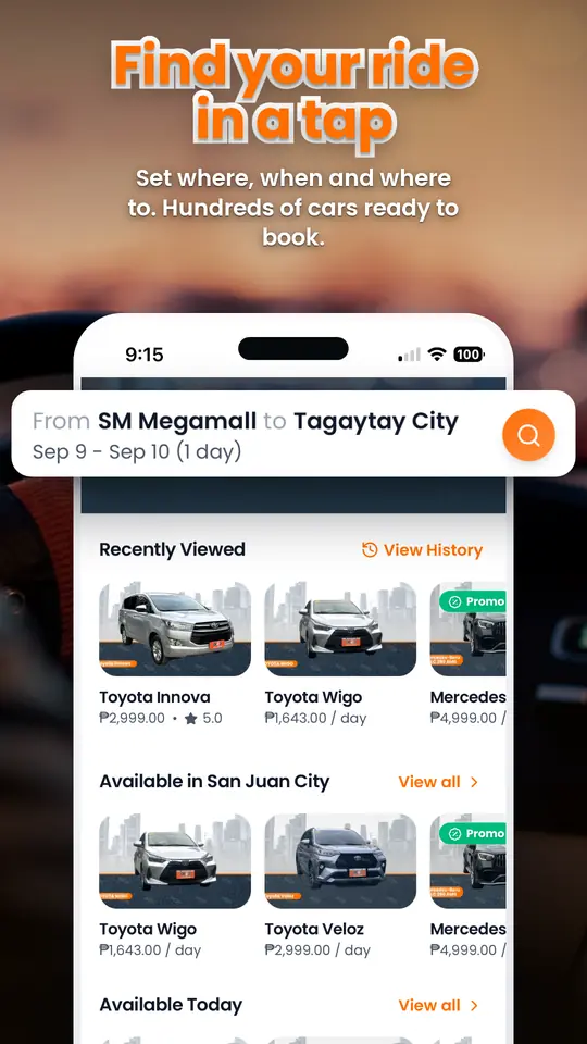 OOPA car rental app screen 1
